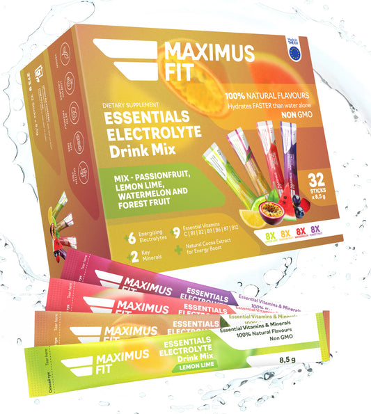 MaximusFit Electrolytes - Amestec de 8 lămâi/lime, 8 fructe de pasiune, 8 pepeni verzi și 8 fructe de pădure